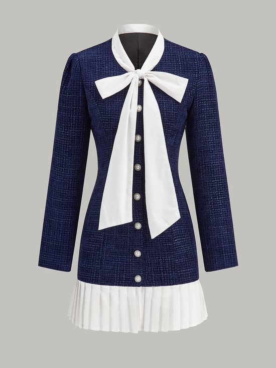 Commense Dresses & Skirts - Commense Women's Navy Tweed Dress with White Bow Collar